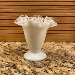vintage white glass ruffled silver edge vase Guc